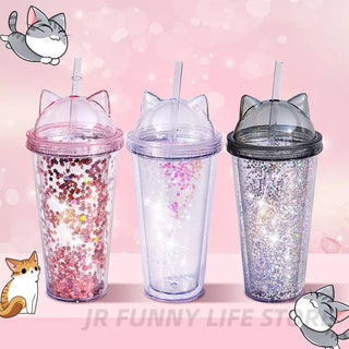 420ml Cat Ear Water Bottle For Girls with Sequins BPA FREE Double wall Tumbler with straw reusable Smoothie Cup Drinkware