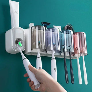 Bathroom Toothbrush Holder Organizer with Cup Toothpaste Squeezer Dispenser Wall Storage Rack Bathroom Accessories Shelf
