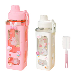 700/900Ml Kawaii Water Bottle With Straw 3D Cute Bear Sticker  Bpa Free Plastic Square Sippy Cup Poratable Drinkware