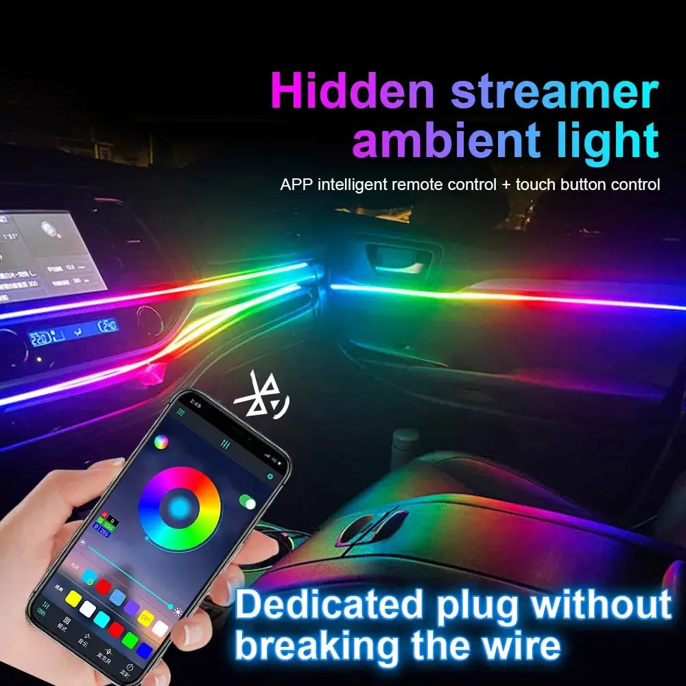 18 In 1 Symphony Streamer Car Ambient Lights Interior LED Acrylic Strip Light RGB 64 Color Decoration Atmosphere Lamp APP Remote