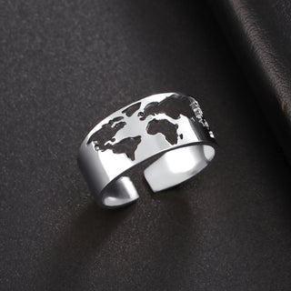 LIKGREAT Stainless Steel Adjustable Finger Ring World Map Hollow Silver Color Opening Ring Jewelry Party Gift for Women Men