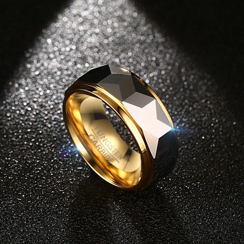 Inspirational Tungsten Gold Steel Jewelry 8mm Rhombus Polygon Carbide Men Wedding Ring