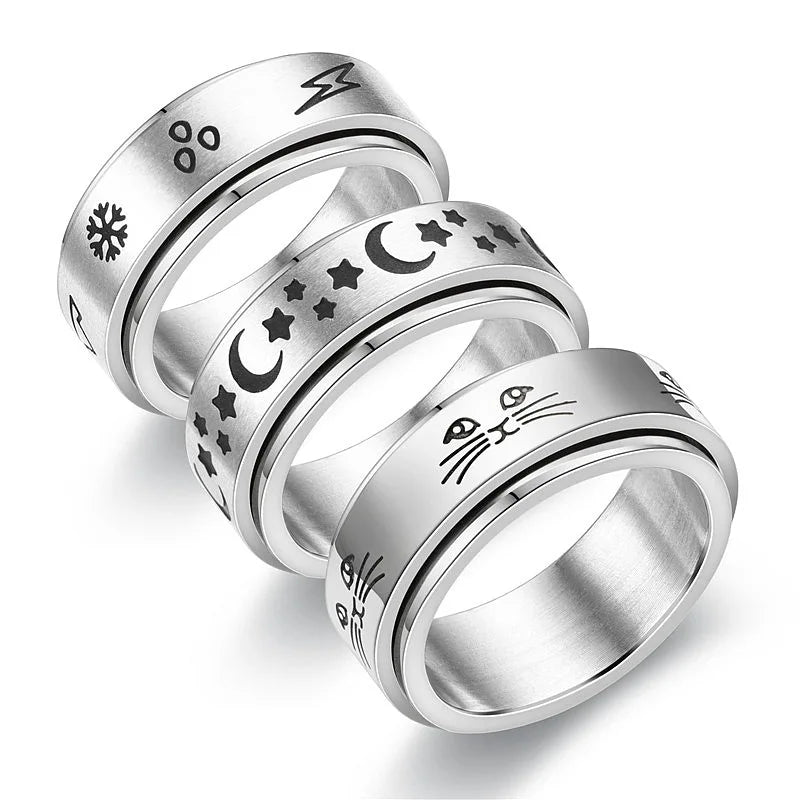 Rotatable Anxiety Fidget Ring For Men Stainless Steel Cat and stars Rings Casual Male Anel Stylish Punk Spinning Spinner Rings