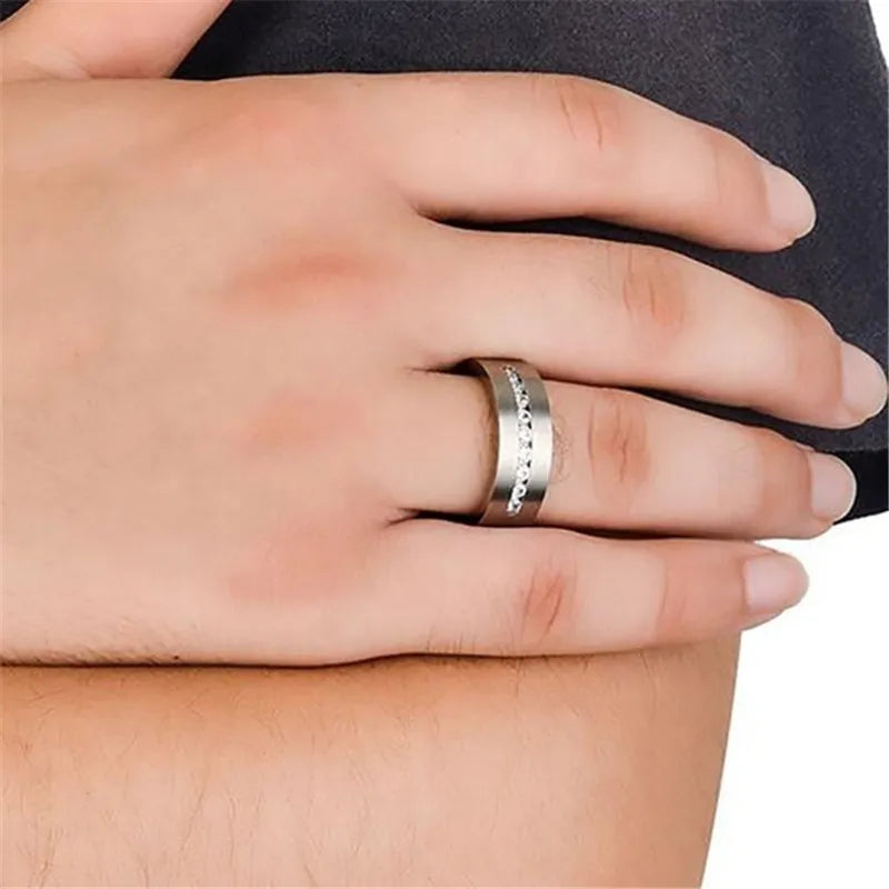 8mm Fashion Men Rings Inlay Crystal Engagement Wedding Band Anniversary Gift Ring For Unisex Jewelry