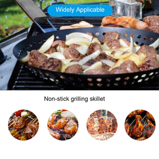 Non-stick Metal Grilling Skillet BBQ Grill Skillet Pan with Holes for Outdoor Grill Topper BBQ Pan for Vegetables Seafood Meat