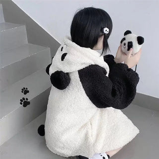 Winter Kawaii Hoodies Women Panda Ears Hooded Sweatshirt Plush Balls Zip-up Loose Cute Sudadera Teenager School Girls JK Clothes