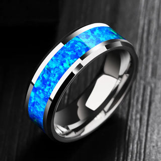 Luxury 8mm Tungsten Steel Ring Inlaid Blue Opal Wedding Ring Men