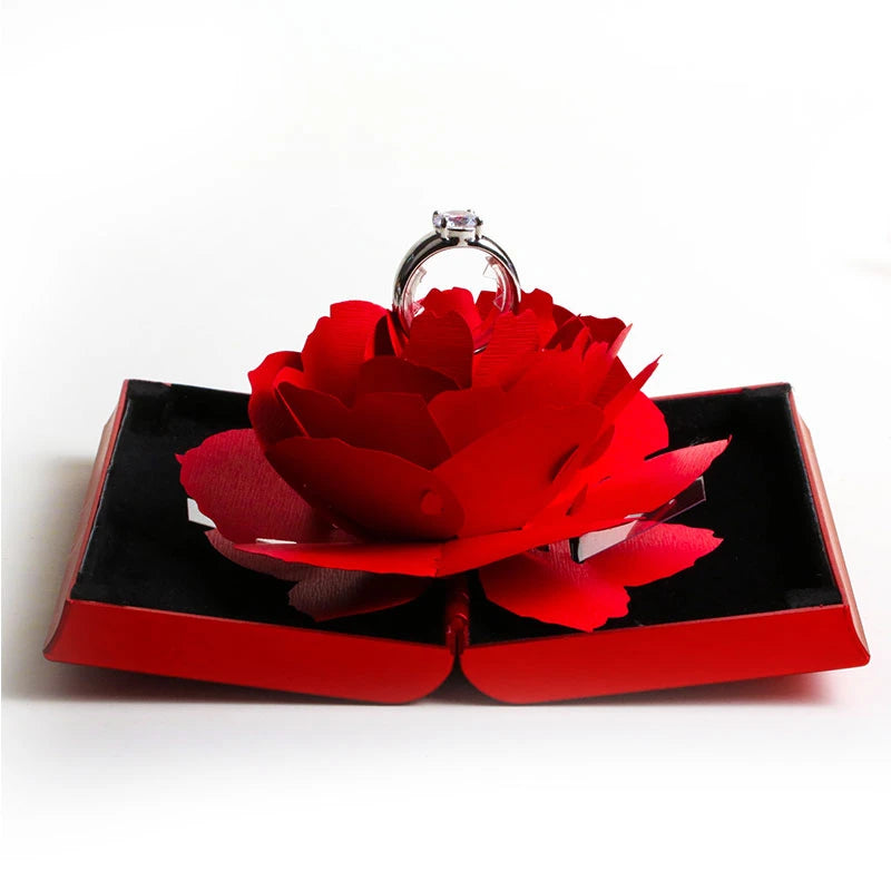 3D Fashion Elegant Rings Joyful Red Box Wedding Engagement Case Rose Flower Gift For Love Jewelry Display Storage Holder