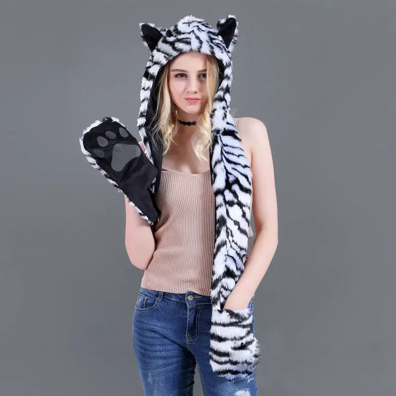 10 Styles Faux Fur Hood Animal Hat Ear Flaps Hand Pockets 3 in1 Animal Hat Wolf Plush Warm Earmuff Animal Cap with Scarf Gloves