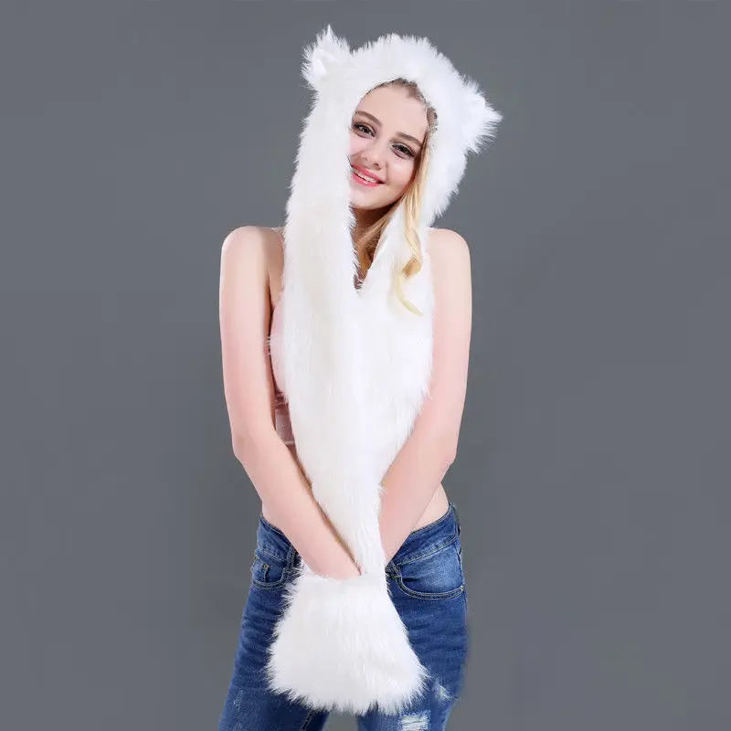 10 Styles Faux Fur Hood Animal Hat Ear Flaps Hand Pockets 3 in1 Animal Hat Wolf Plush Warm Earmuff Animal Cap with Scarf Gloves