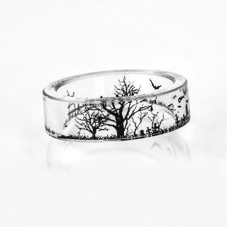 Fashion Handmade Resin Ring Transparent Bat and Trees Scenery Inside Black and White Epoxy Resin Ring for Women Finger Ring 2019