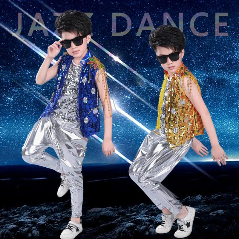 Kids Sequined Hip Hop Outfits Girls Jazz Tap Dancing Tops+Pants Boy Child Dance Stage wear Ballroom Party Dancewear Costumes