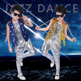 Kids Sequined Hip Hop Outfits Girls Jazz Tap Dancing Tops+Pants Boy Child Dance Stage wear Ballroom Party Dancewear Costumes