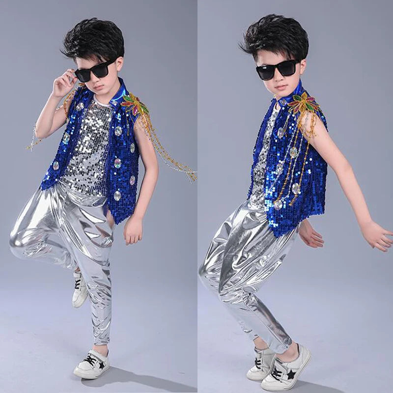 Kids Sequined Hip Hop Outfits Girls Jazz Tap Dancing Tops+Pants Boy Child Dance Stage wear Ballroom Party Dancewear Costumes