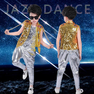 Kids Sequined Hip Hop Outfits Girls Jazz Tap Dancing Tops+Pants Boy Child Dance Stage wear Ballroom Party Dancewear Costumes