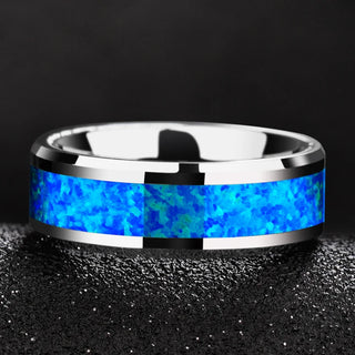 Luxury 8mm Tungsten Steel Ring Inlaid Blue Opal Wedding Ring Men