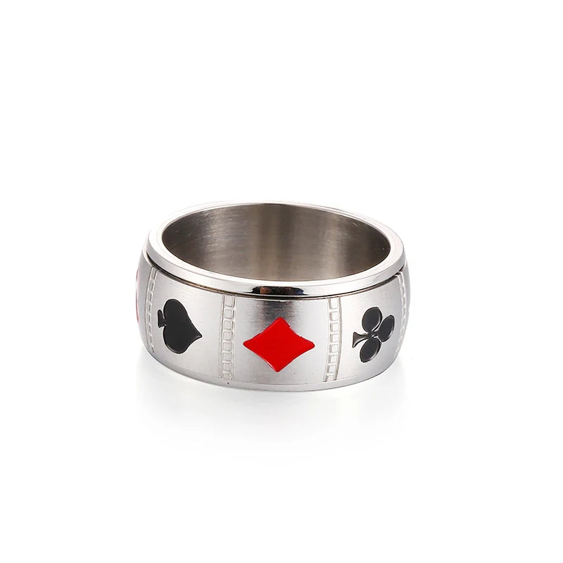 Spinner Playing Card Ring Stainless Steel Anxiety Fidget Lucky Poker For Men Women Rotating Finger Rings Punk Jewelry