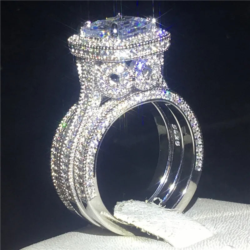 Vintage 3-in-1 Diamond cz Ring sets 925 sterling silver Jewelry Promise Engagement Wedding band Rings for Women men Party Bijou