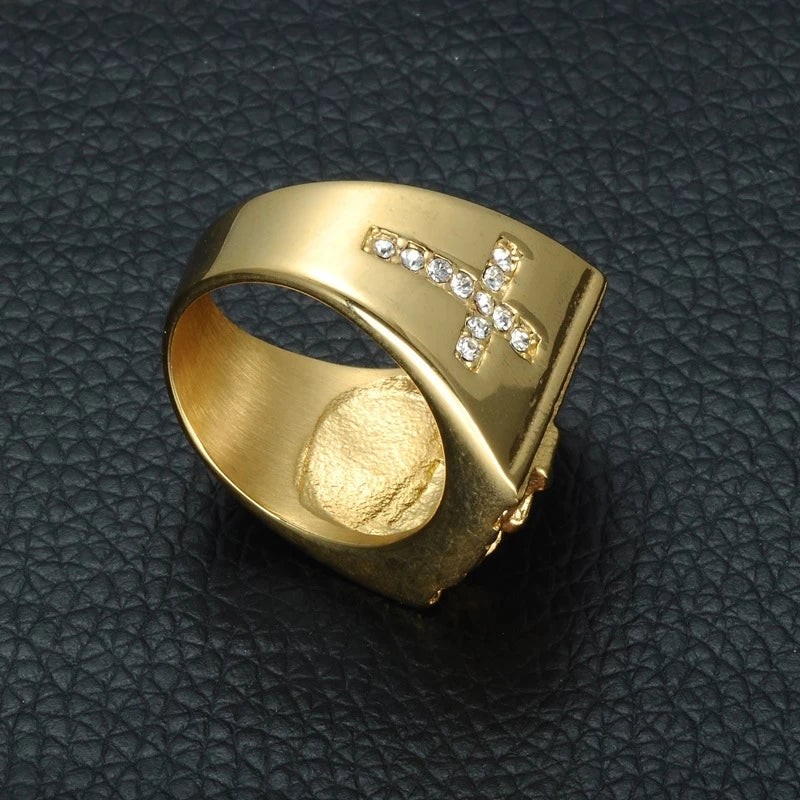 New Men Ring Cross White Cubic Zirconia Ring Gold Color Band Male Jewelry Vintage Accessories Finger Rings