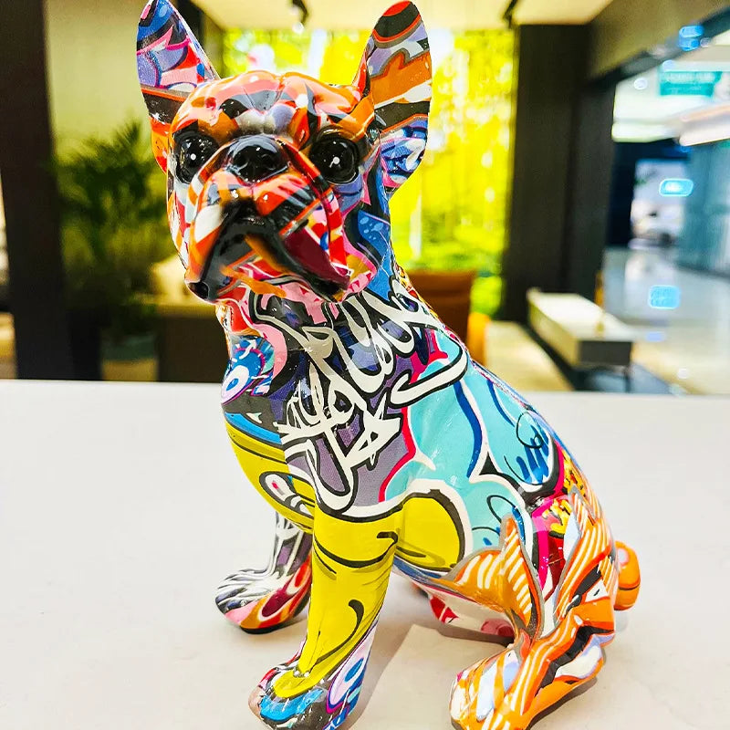 Colorful French bulldog statue, splash art animal crafts, suitable for living room, office desk, bookshelf decoration items.