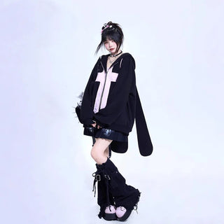 90s Loose Harajuku Y2k Long Rabbit Ears Hoodies Women Gothic Punk Sweatshirts Casual Oversize Black Hooded Coats Chic Streetwear