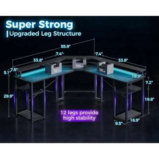 L Shaped Gaming Desk with LED Lights & Power Outlets, Reversible 56" Computer Desk with Full Monitor Stand & Storage Shelves