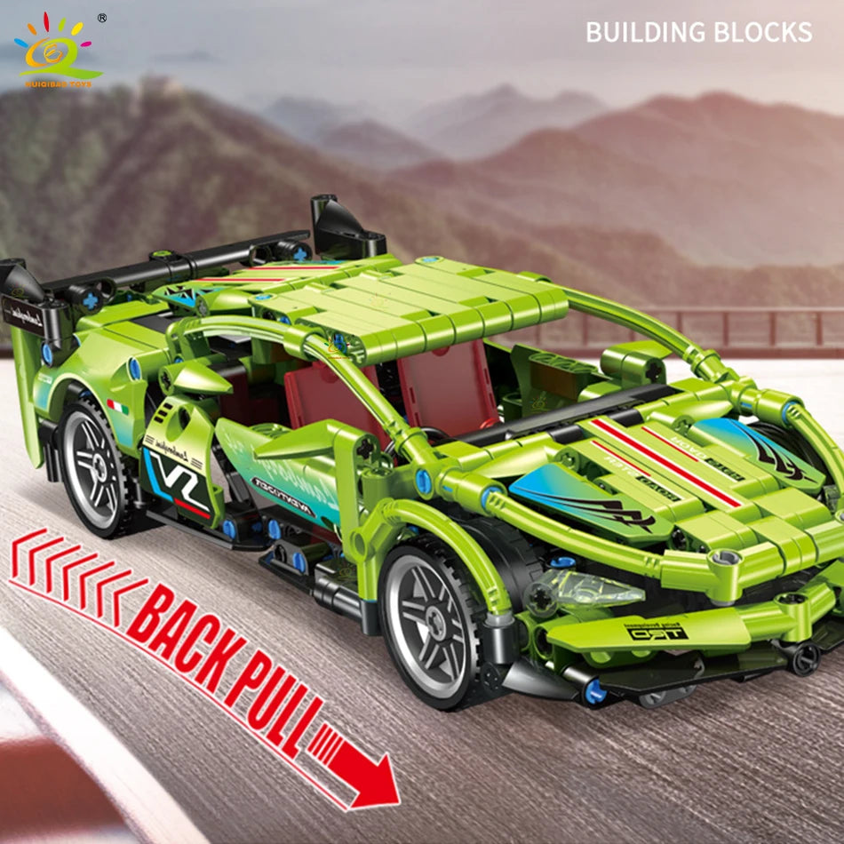 HUIQIBAO Technical Super Racing Car Model Building Blocks Automobile Pull Back DIY MOC Vehicle Bricks Children Construction Toys