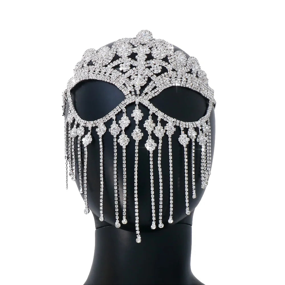 Luxury Crystal Mask Full Face Masquerade Tassel Boho Rhinestone Face Jewelry Mask Chain Belly Dance Prom Rave Party Face Decor