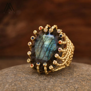 Luxury Rings Natural Gemstone Healing Crystal Colourful Zircon Bead Statement Ring Gold Jewelry