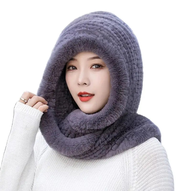 Hot Sale New Women Real Knitted Rex Rabbit Fur Hat Hooded Scarf Long Winter Warm Fur Hat With Neck Collar Scarves Hat Scarf