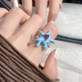 Blue Dripping Oil Alien Irregular Pentagram Red Love Heart Crystal Metal Rings for Women Girl Y2K Jewelry Gift HUANZHI 2024 NEW