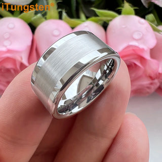 iTungsten 10mm 12mm Big Finger Ring Mens Tungsten Flat Engagement Wedding Band With Center Brushed Polished Finish Comfort Fit