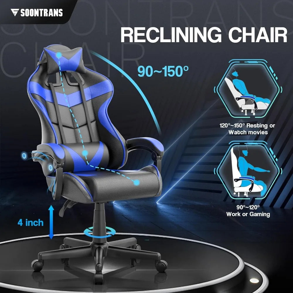 Blue Gaming Chairs with Massage,Ergonomic Computer Gamer Chair,Game Chair with Adjustable Headrest and Lumbar Support Storm Blue