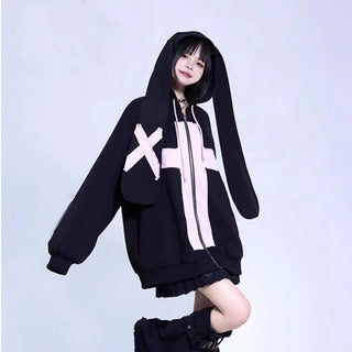 90s Loose Harajuku Y2k Long Rabbit Ears Hoodies Women Gothic Punk Sweatshirts Casual Oversize Black Hooded Coats Chic Streetwear