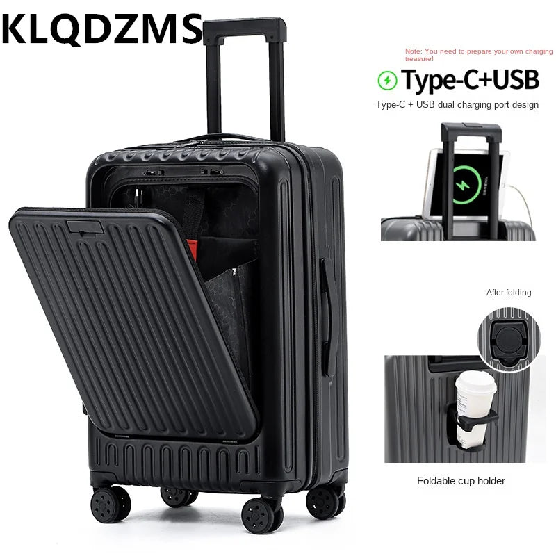 KLQDZMS 20 24 26 Inch Front Zippered Suitcase Portable Standing Trolley Cup Holder USB Charging Port Travel Boarding Luggage