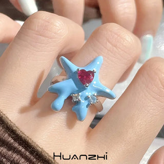 Blue Dripping Oil Alien Irregular Pentagram Red Love Heart Crystal Metal Rings for Women Girl Y2K Jewelry Gift HUANZHI 2024 NEW