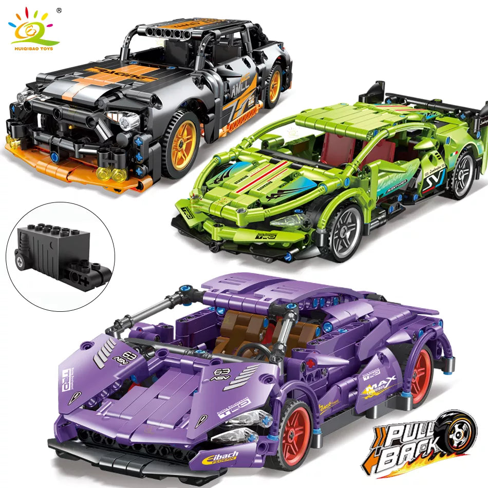 HUIQIBAO Technical Super Racing Car Model Building Blocks Automobile Pull Back DIY MOC Vehicle Bricks Children Construction Toys