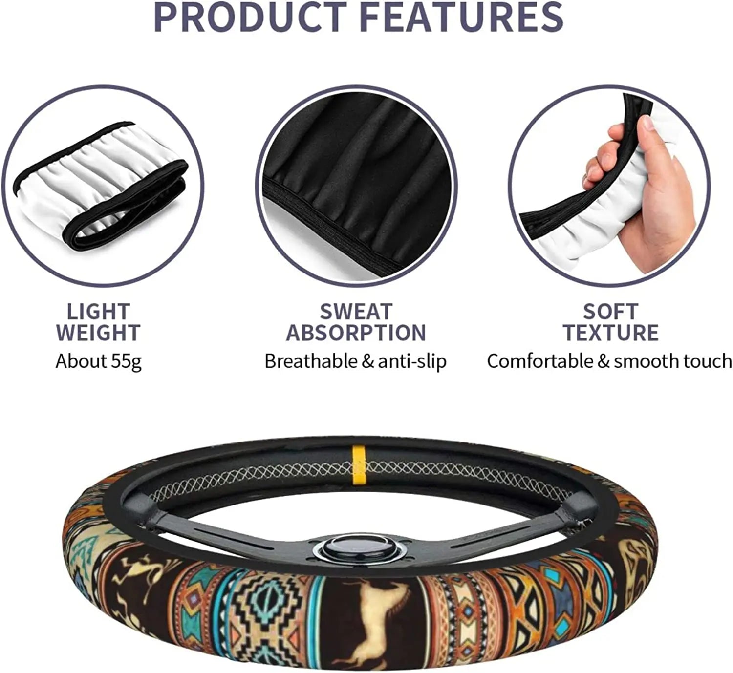 Boho Ethnic Pattern Steering Wheel Cover 15 InchNeoprene Anti-Slip Universal Steering Wheel Wrap for Women/Men Car Decoration