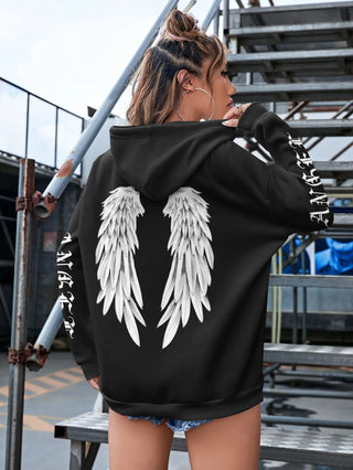 Angel Wings Personality Pattern Female Hoodies Harajuku Fleece Hoody Fashion Streetwear Loose Warm Breathable Women Casual Tops