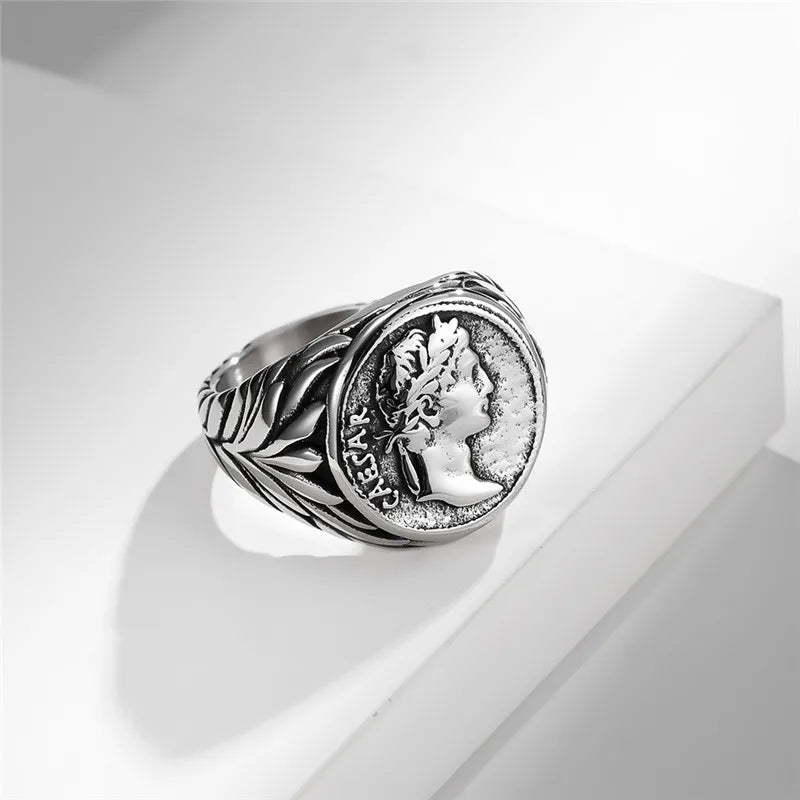 LETAPI Punk Vintage Roman Caesar Head Rings Silver Color Stainless Steel Coin Jules Caesar Ring for Men Male Jewelry