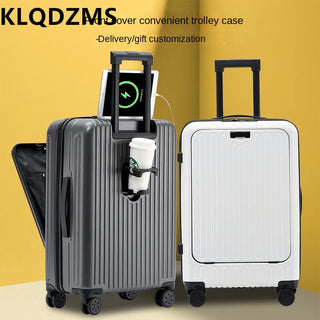 KLQDZMS 20 24 26 Inch Front Zippered Suitcase Portable Standing Trolley Cup Holder USB Charging Port Travel Boarding Luggage