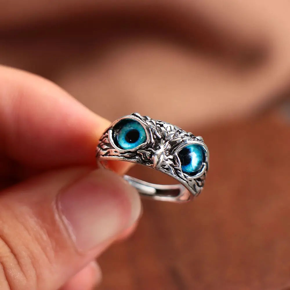 New Vintage Owl Rings For Women Men Design Multicolor Cat Eye Finger Rings Silver Color Adjustable Opening Animal Couple Jewelry