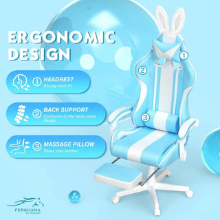 Kawaii Light Blue Gaming Chair with Bunny Ears, Ergonomic Cute Gamer Chair with Footrest and Massage, Racing Reclining