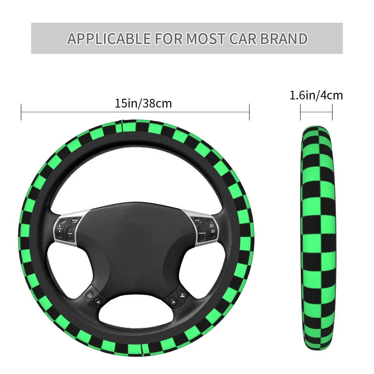 Fashion Black And Green Checkerboard Pattern Steering Wheel Cover Tartan Steering Wheel Protector Universal Fit Car Accessories