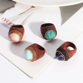 Faceted Natural Stone and Wood Rings for Women Vintage Boho Rings Wholesale