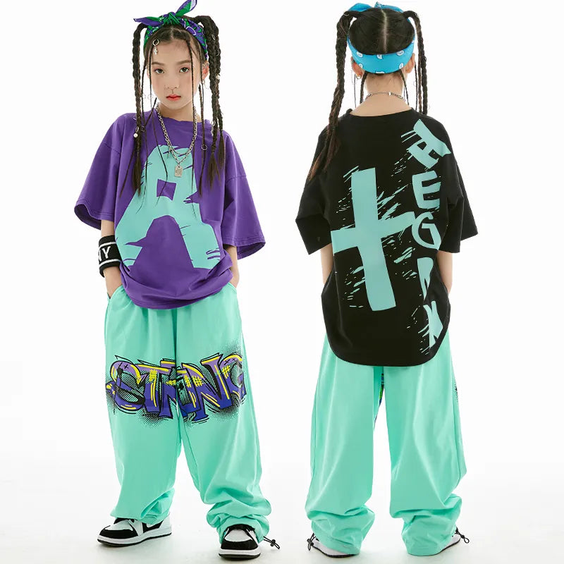 2023 Summer Kids Loose Cotton T-Shirt Pants Boys Hip Hop Outfit Modern Jazz Dance Costume Girls Kpop Performance Wear BL10366