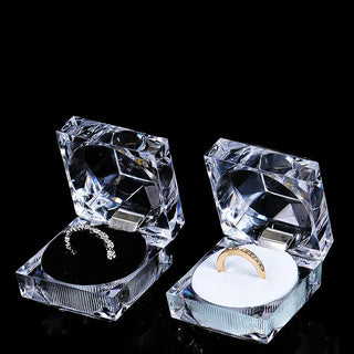 Transparent Crystal Square Ring Box Cube Four-corner Acrylic Ring Holder Wedding Engagement Ring Storage Display Case Gift Box