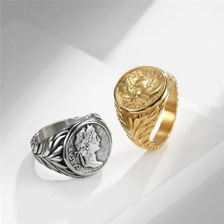 LETAPI Punk Vintage Roman Caesar Head Rings Silver Color Stainless Steel Coin Jules Caesar Ring for Men Male Jewelry