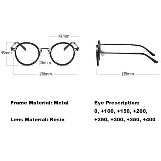 Men Fashion Small Frame Round Reading Glasses Alloy Magnifying Glasses Eye Prescription Clear Lens Anti Blue Light Glasses +0~+4