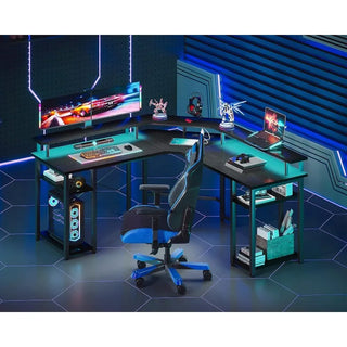 L Shaped Gaming Desk with LED Lights & Power Outlets, Reversible 56" Computer Desk with Full Monitor Stand & Storage Shelves